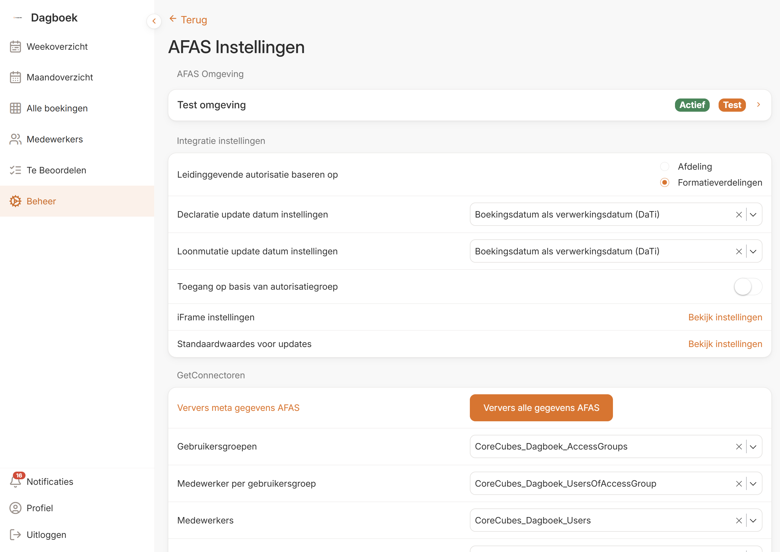 CoreCubes AFAS-instellingen