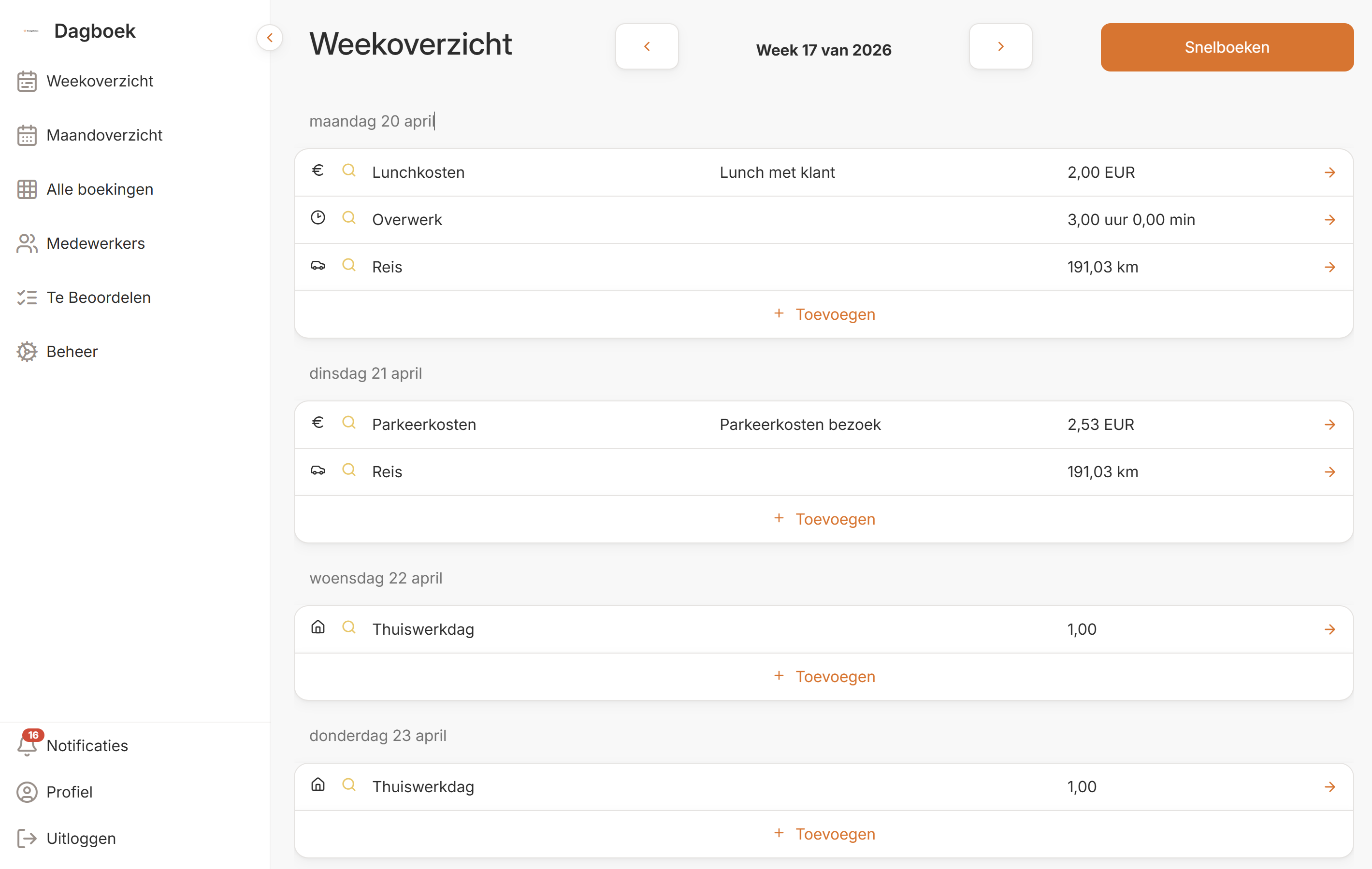 CoreCubes weekoverzicht voor registratie van mobiliteit, declaraties en uren